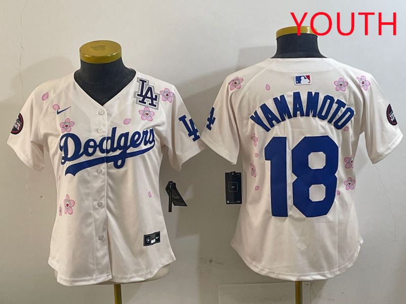 Youth Los Angeles Dodgers #18 Yamamoto Cream Sakura Edition 2025 Nike MLB Jersey style 11->youth mlb jersey->Youth Jersey